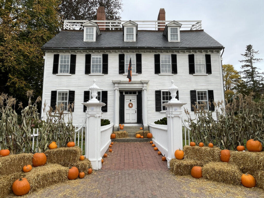 Salem MA, USA October 27 The historic Ropes Mansion, in Salem Massachusetts, is decorated with pumpkins and hay bales near Halloween and served as the filming location for Hocus Pocus movie